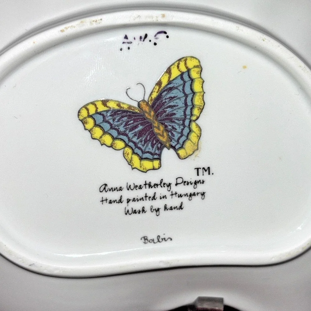 Anna Weatherley Handpainted Dragonfly Pansy Leaf Insect Accent Trinket Dish RARE